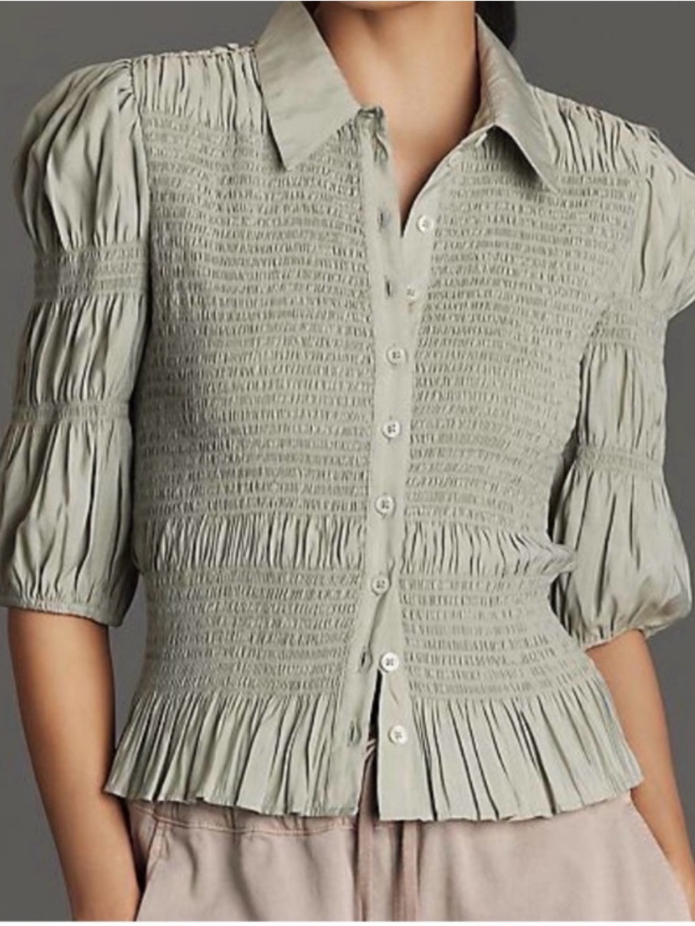 Anthropologie Smocked Puff Sleeve Buttondown Top Green XXS NWT
